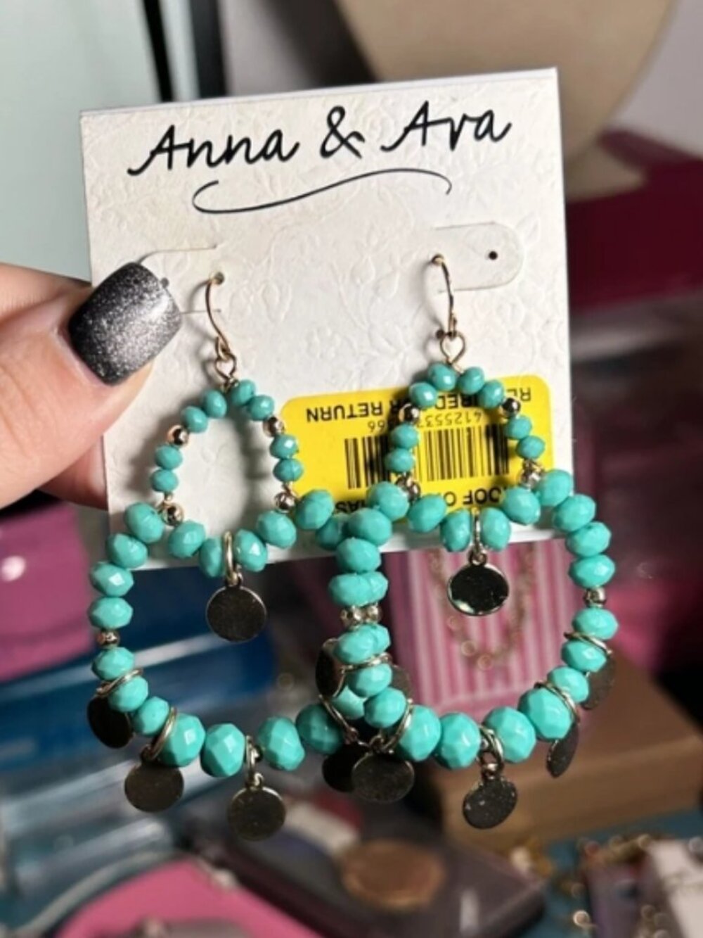 Anna & Ava Gold Disc Turquoise Hoop Drop Statement Earrings NWT